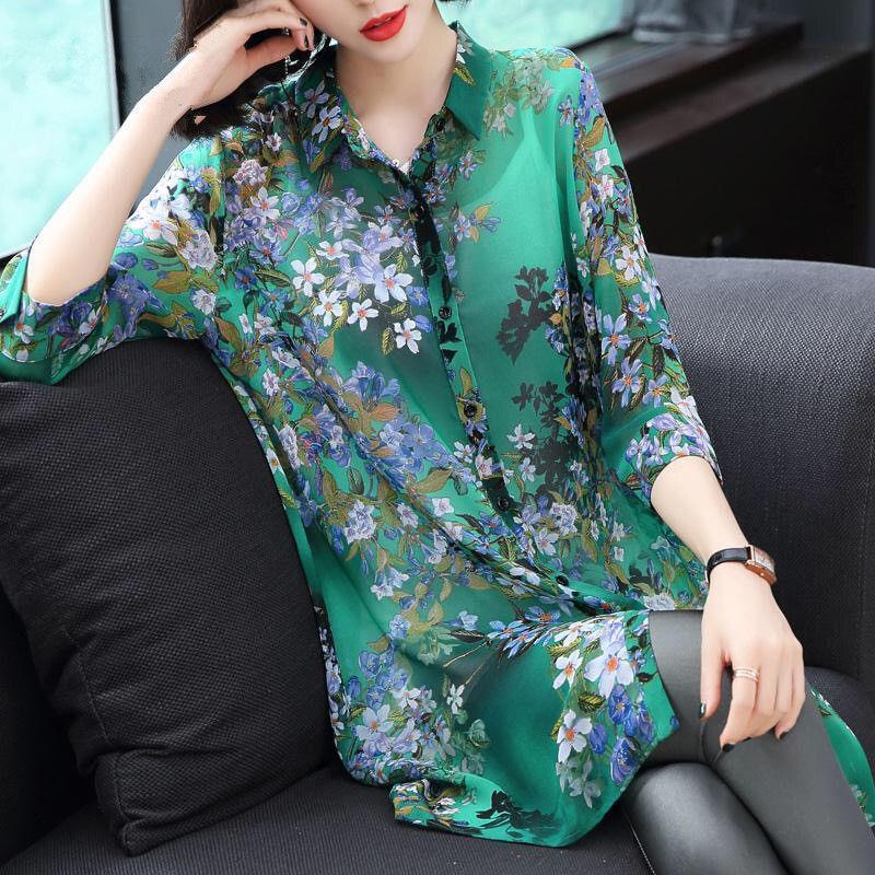 Thin Printing Elegant Korean Floral Three Quarter Sleeve Button Blouses Fashion Casual Turn-down Collar Women's Clothing 2023
