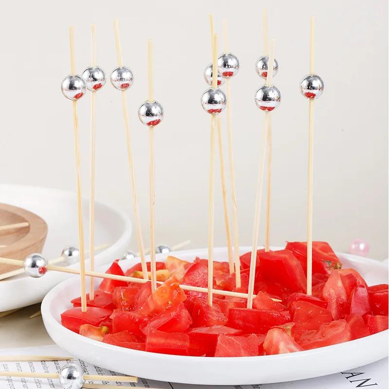 100pcs 12cm Gold Beads Bamboo Fruit Sticks Fruit Salad Snack Fork Cocktail Decor Cake Buffet Toothpicks Party Tableware Supplies
