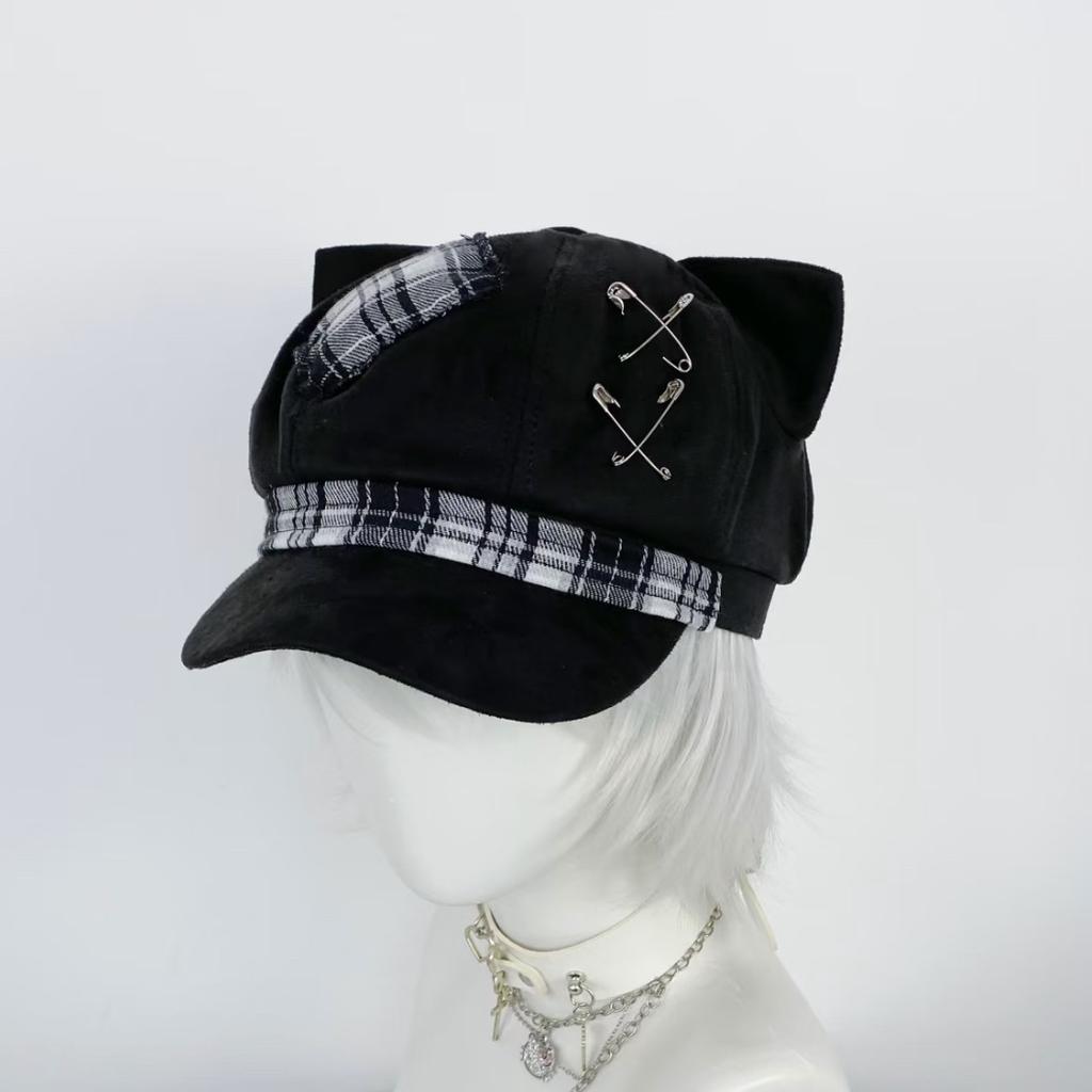 New Y2K Spice Girl Subculture Plaid Patch Cat Ear Hat Versatile Beret Breathable Cos Hat