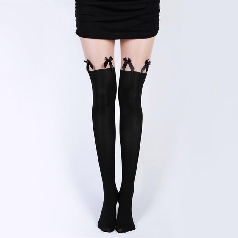 Sexy Women Faux Thigh High Transparent Patchwork Pantyhose Tights Japanese School Girls Cute Bowknot Stockings Hosiery