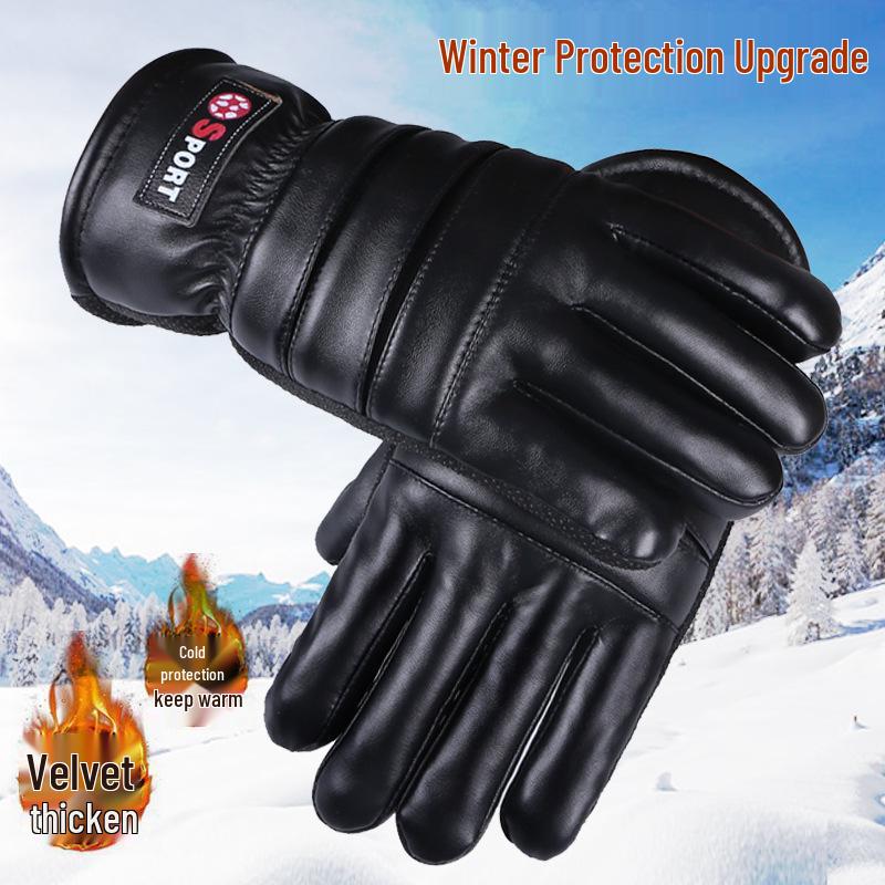 Men's and Women's Thick Plus Velvet Leather Gloves: Windproof, Non-slip for Cycling and Motorcycling