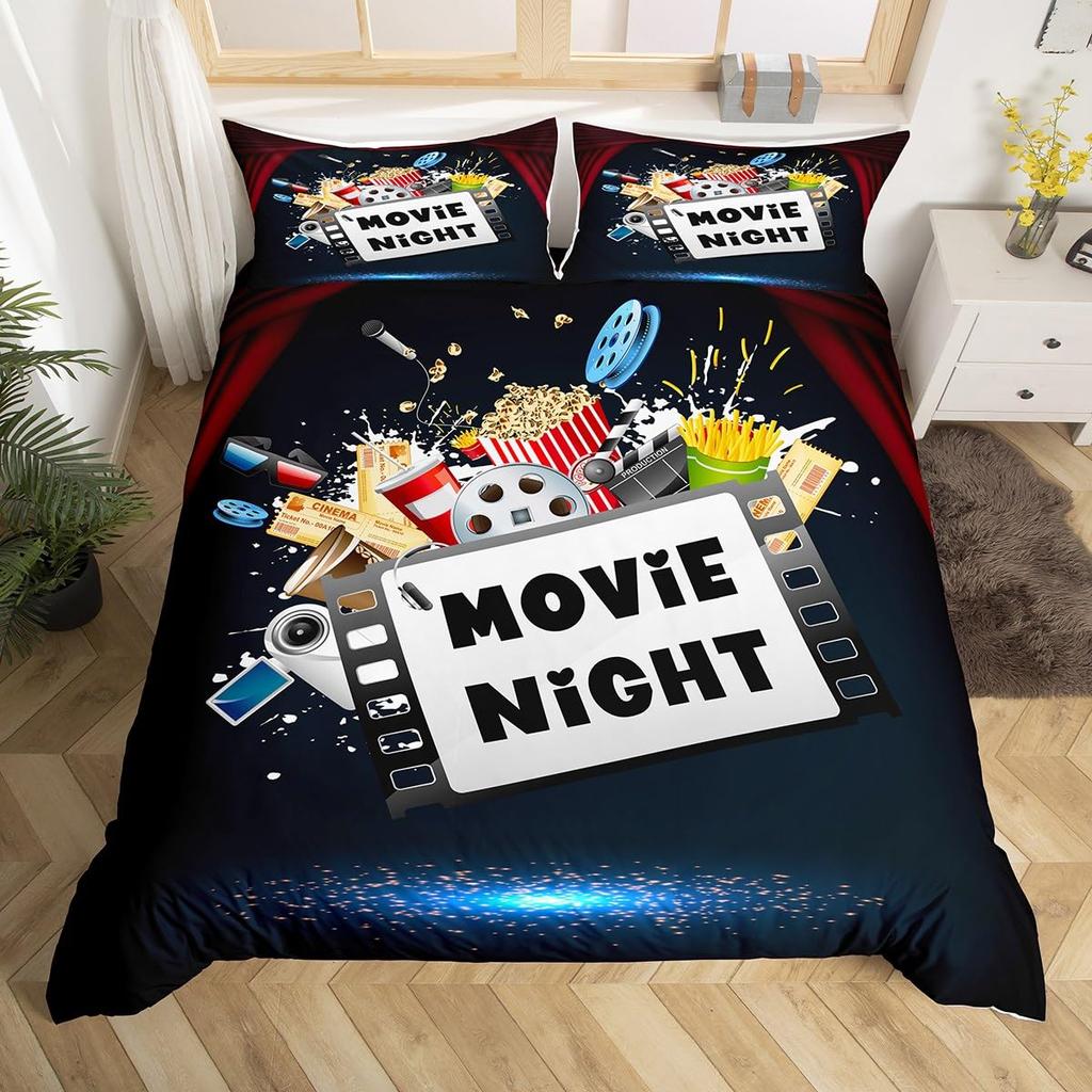 Movie Themed Bedding Set Full Queen for Boys Girls Family Home Theater Decor Vintage Comforter Cover Film Theme Duvet Cover Set