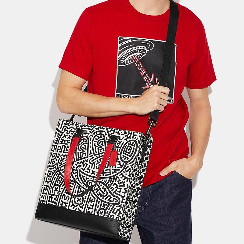 New COACH Keith Haring Collaboration Graham Leather Tote Bag Crossbody Bag Shopping Bag Large Size Women's Black & White C6872-QBA1G