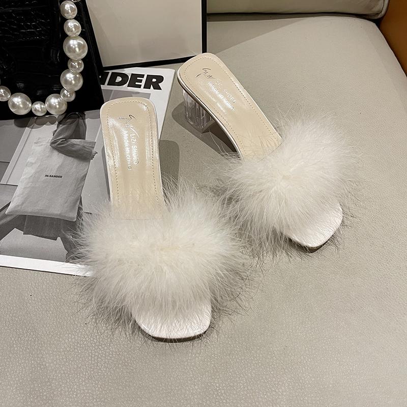 Fashion Aphixta Furry 4.5cm High Heel Slides Sweet Woman Shoes Colorful Fur Design Transportant Heel Slides Sandals Classic Dress Shoes