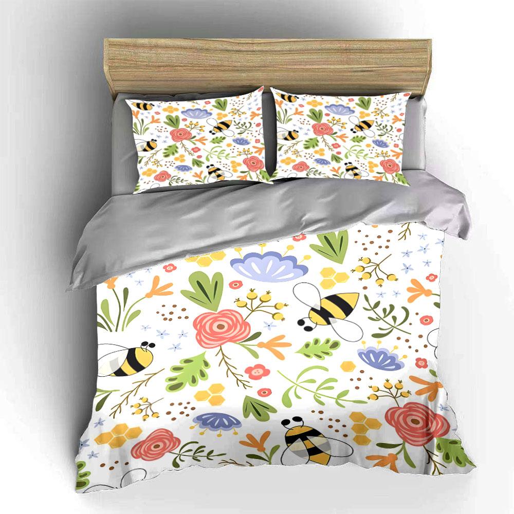 Floral Bee Pattern Set For Spring Exquisite Three-Piece Bedding Set Gift For Kids And Adults