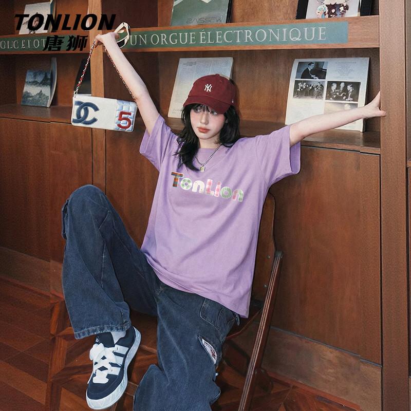 TonLion Women s Cotton Loose Fit Letter Print Round Neck T-Shirt S