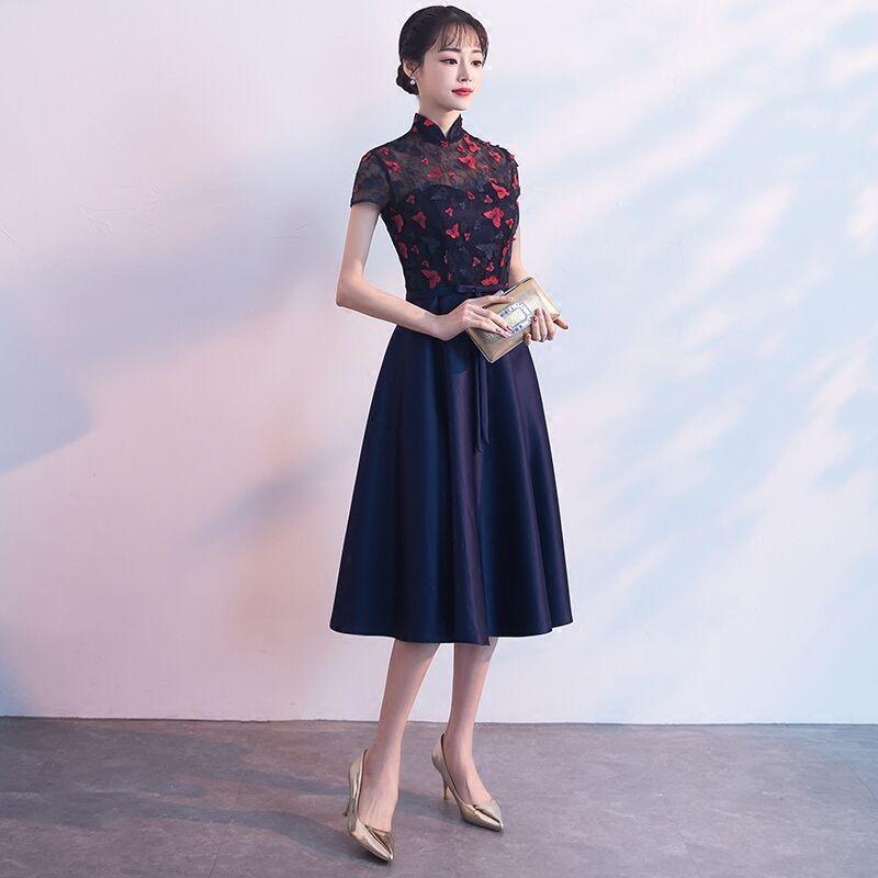 

Small dress dress, new spring party slim and thin medium and long dress, annual meeting evening dress XS тёмно-синий