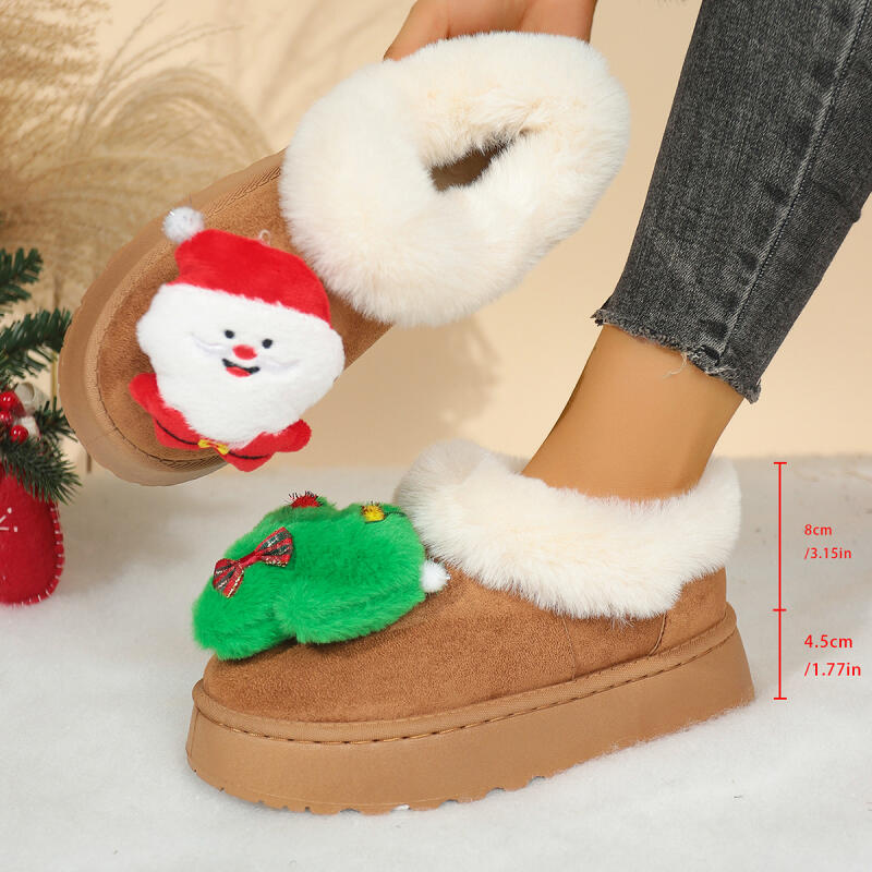 Fashion Cartoon Santa Claus Fluffy Fur Cute Snow Boots Women 2025 Winter Thick Bottom Furry Ankle Boots Girl's Christmas Plush Shoes