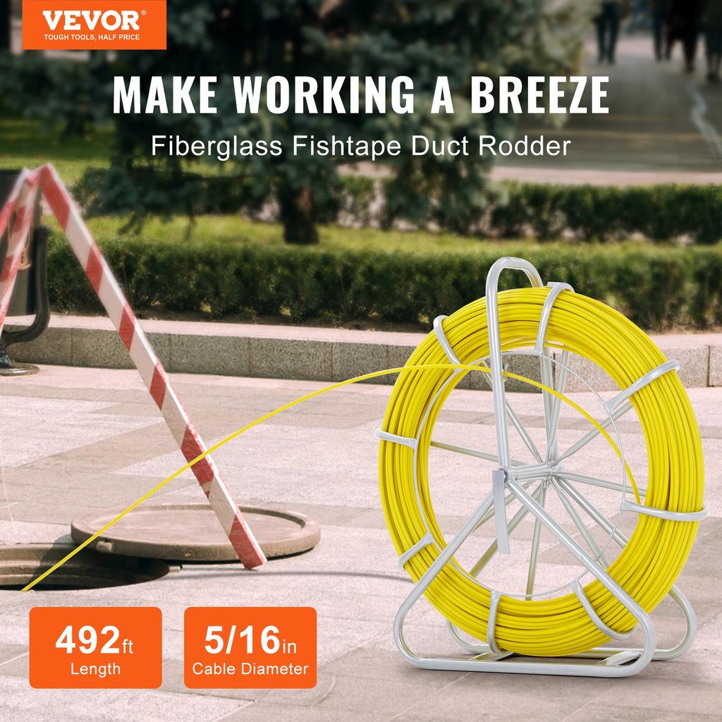 VEVOR Fish Tape Fiberglass, 150.3 M, 8.0 Mm, Duct Rodder Fishtape Wire Puller, Cable Running Rod with Steel Reel Stand, 3 Pulling Heads
