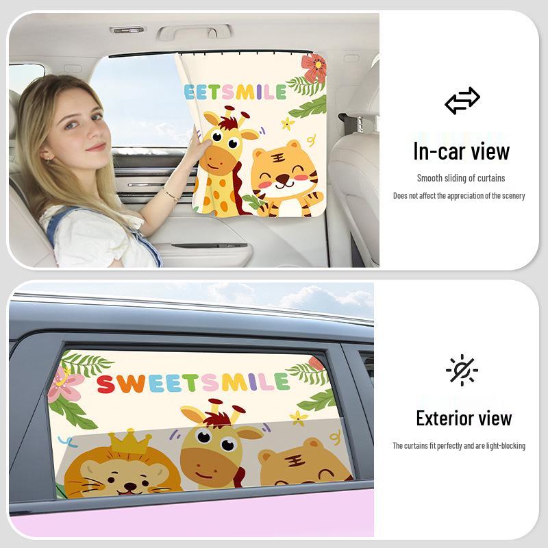Cortina de Sol de Desenho Animado para Carro para Bebê - Isolamento Térmico e Privacidade
