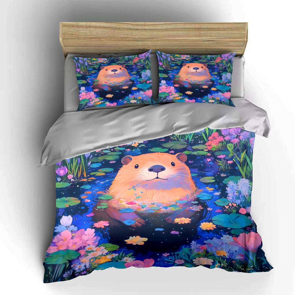 Cute Otter Floral Art Decor Bedding Set with 1 Duvet Cover 2 Pillowcases Single Double King Queen, Gift