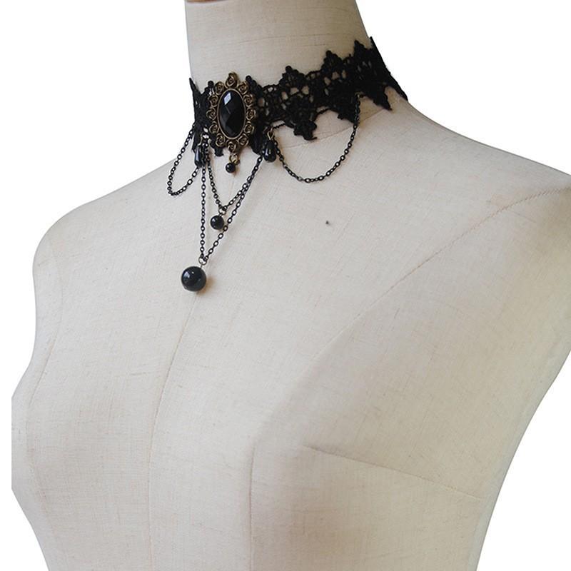 

Ретро Ажурное Черное Кружевное Ожерелье Средневековый Стиль Кружевные Аксессуары Кулон с Круглыми Бусинами Цепочка для Ключицы
