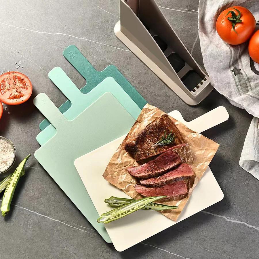 4PCS Kitchen Cutting Board Set with Drain Rack – Multi-Use Fruit and Vegetable Boards with Storage Organizer