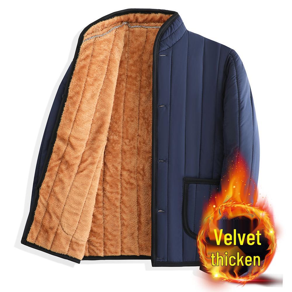 Winter Cotton-Padded Jacket with Fleece and Wool Lining for Middle-Aged and Elderly Men - Stand-Up Collar, Home Wear