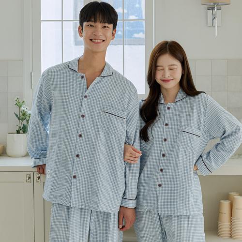 [JJINIYA] Retro Check 30-Count Couple Long Sleeve Pajama Set [Shipped from Korea] 100% Authentic