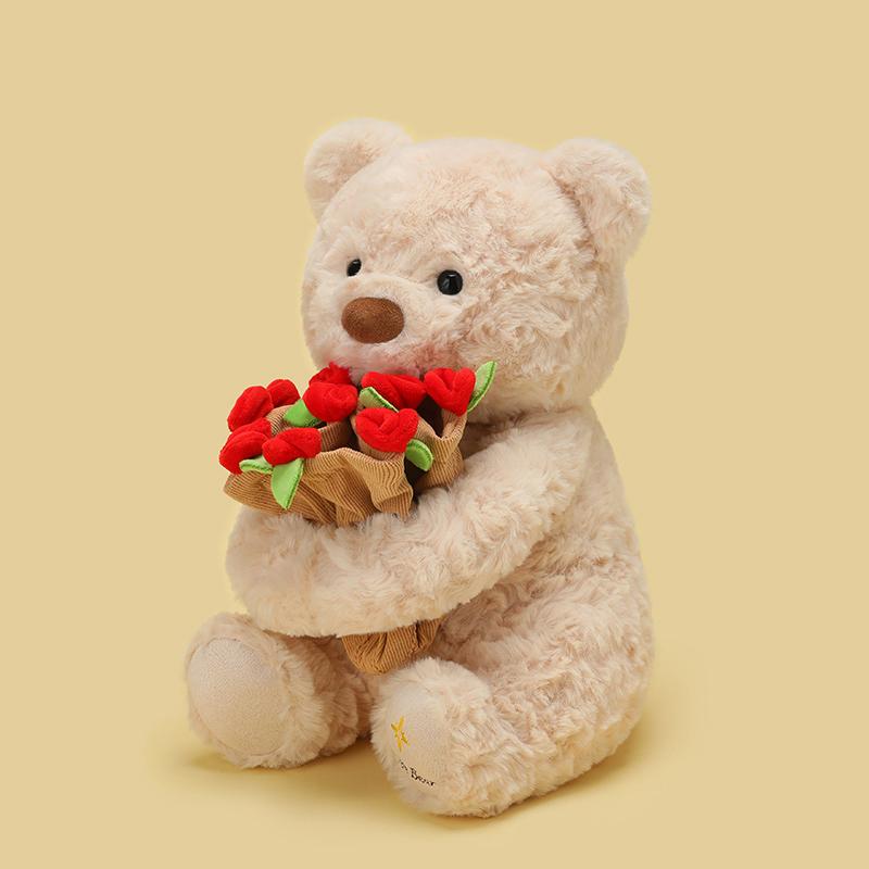 Valentine's Day Roses Teddy Bear Cartoon Animal Plush Toys 2 Colors Brown Bear Holding Roses Dolls Sweet Gift For Girls Lovers