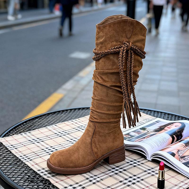 Heel Wasteland Style Western Cowboy Tall Long Boots New Autumn But Knee Pile Boots Knight Boots