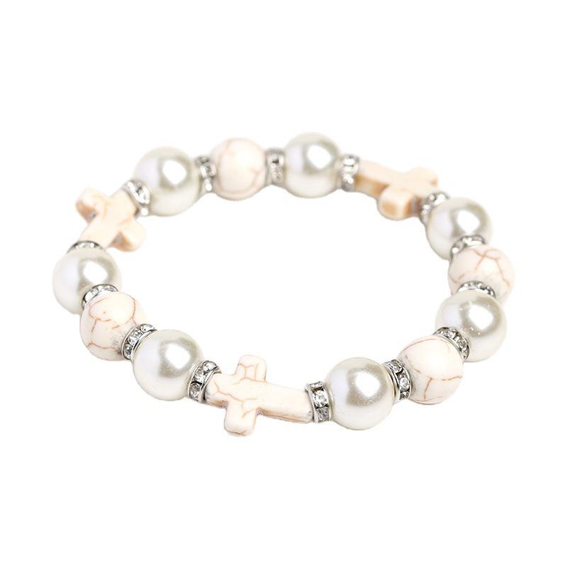 Pulsera de Cruz con Pedrería Turquesa y Perlas - Joyería Elegante y con Estilo para Chicas a la Moda