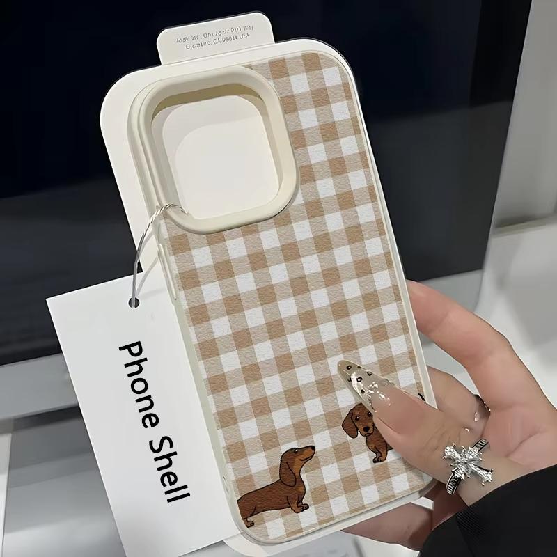 Plaid Sausage Dog Lychee Texture Phone Case For iPhone 17 Air 16 E 15 14 13 12 11 Pro Max Plus SE Soft Cover