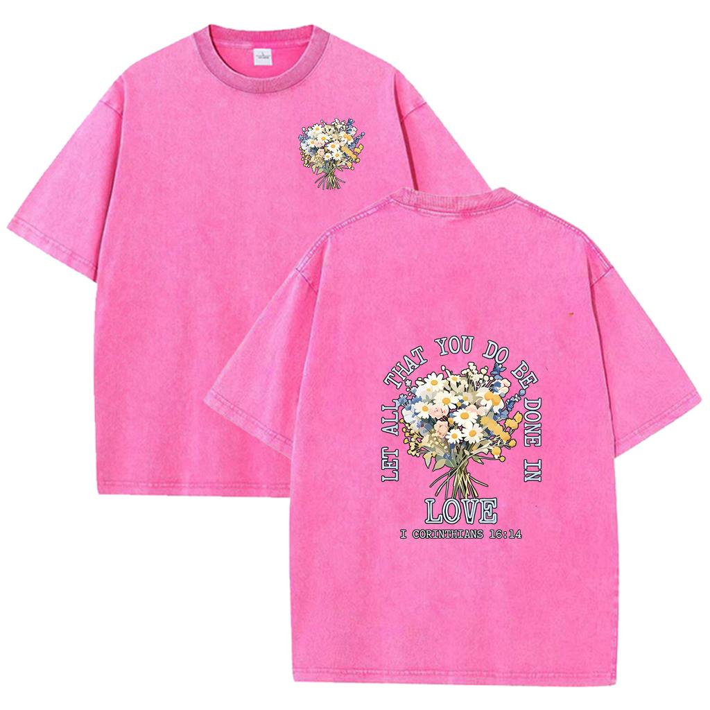 Men Women Vintage Washed Floral T-Shirt Boho Flower Bouquet Letter Graphic Crew Neck Short Sleeve Shirt Top