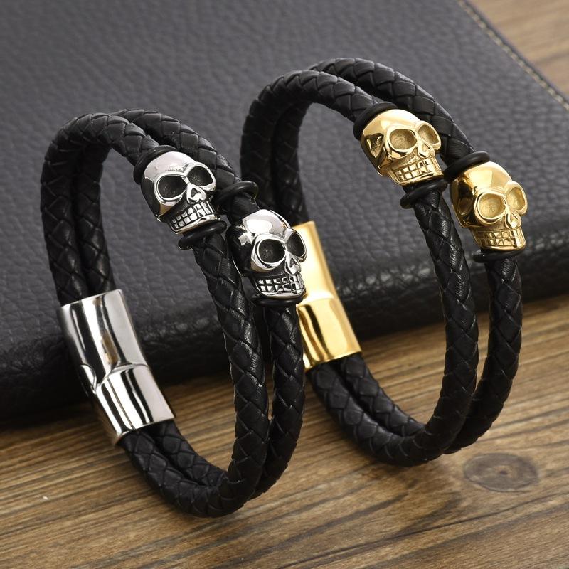 New Hand Woven Gold-plated Stainless Steel Skull Scalp Leather Bracelet with Punk Style Magnetic Buckle Men's Leather Bracelet
