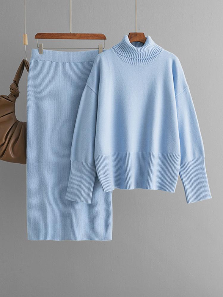 

Вязаные комплекты для женщин из 2 предметов, осенние, однотонные, с высоким воротником и длинными рукавами, свитер, вязаная юбка с высокой талией, верхняя одежда для офисных женщин One Size светло-синий