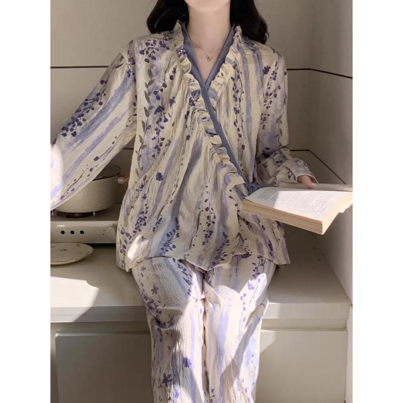 Spring 2026 Women's Cloud Cotton Tie-Up Long Sleeve & Pants Set - Sweet, Cute, Comfortable Home Wear