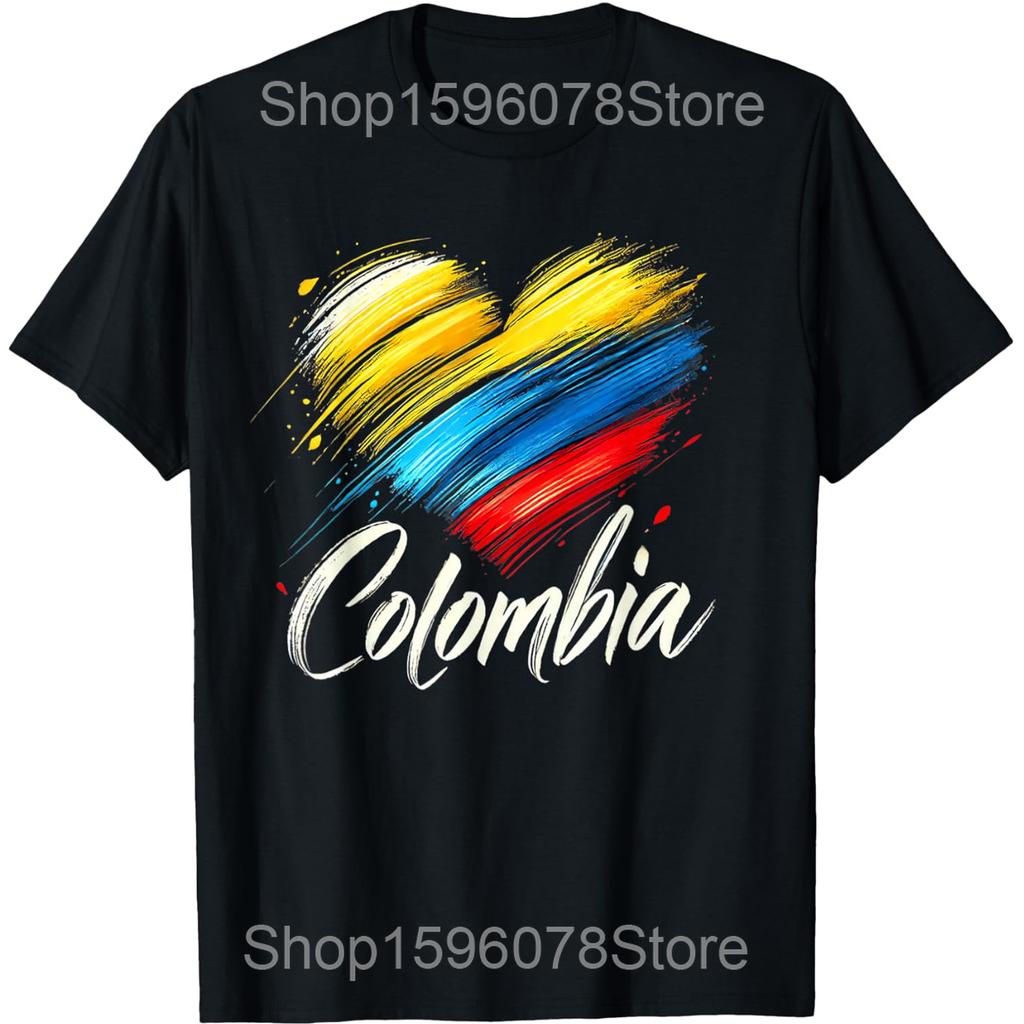 Funny Colombia Flag Heart Colombian Pride T Shirts Men Pure Cotton Humor Streetwear Tee Shirt Short Sleeve Unisex Loose Clothing
