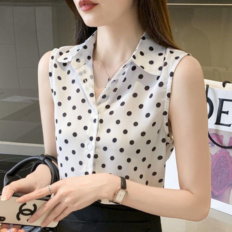 Fashion Summer Tank Blouses Korean Commuter Printed Polka Dot Polo Collar Sleeveless Chiffon Loose Button Women's Shirts