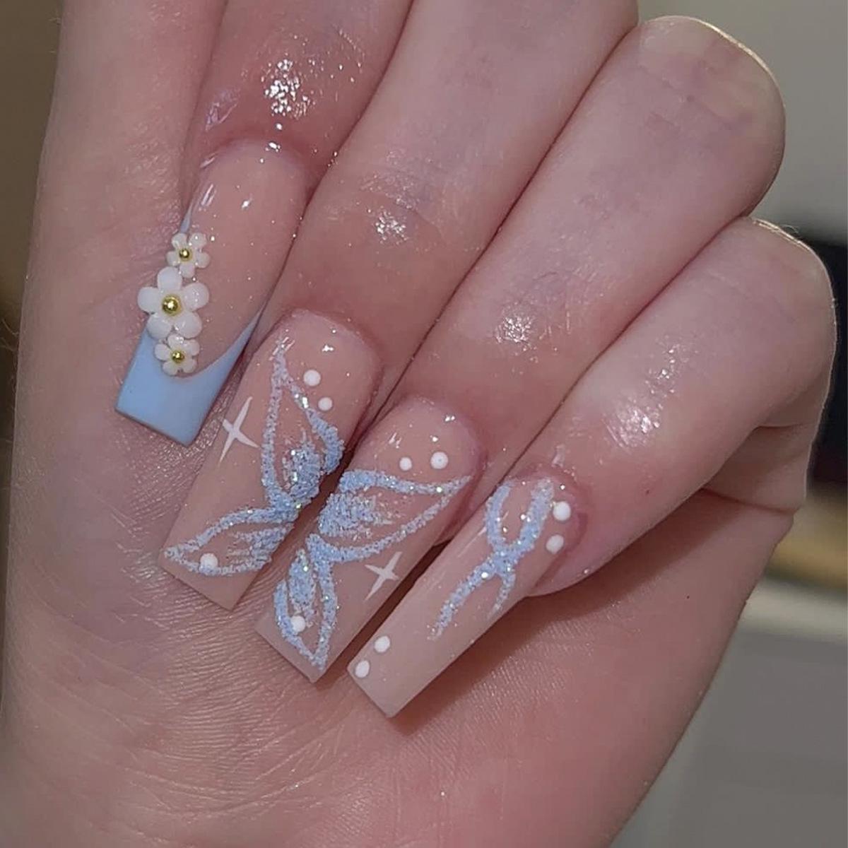 

Striped Blue Flower Glitter Trapezoid Nail Tips Set (24 pcs)