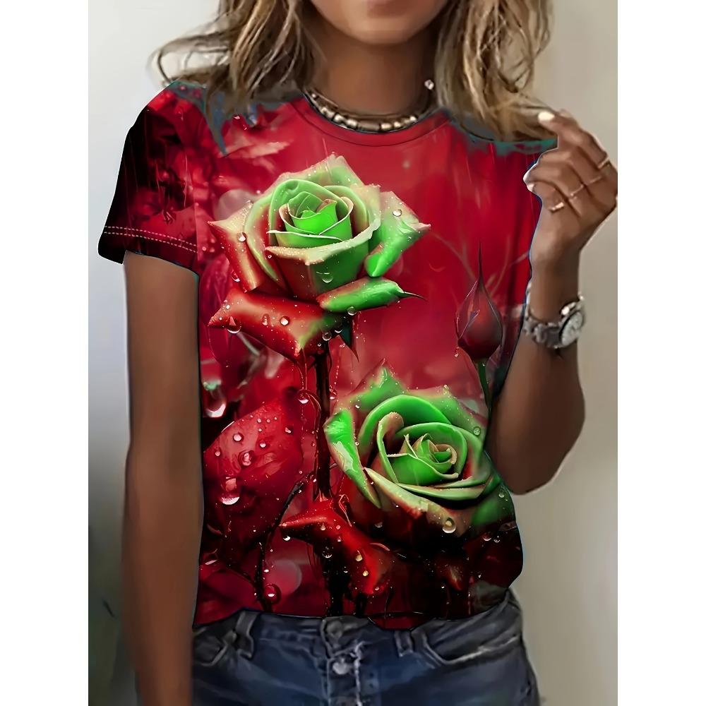 Türkis-Lila Damen-T-Shirt - Taufrische Rose Grafik, Lebendiges Florales Print-Design für Lässige Alltagsmode