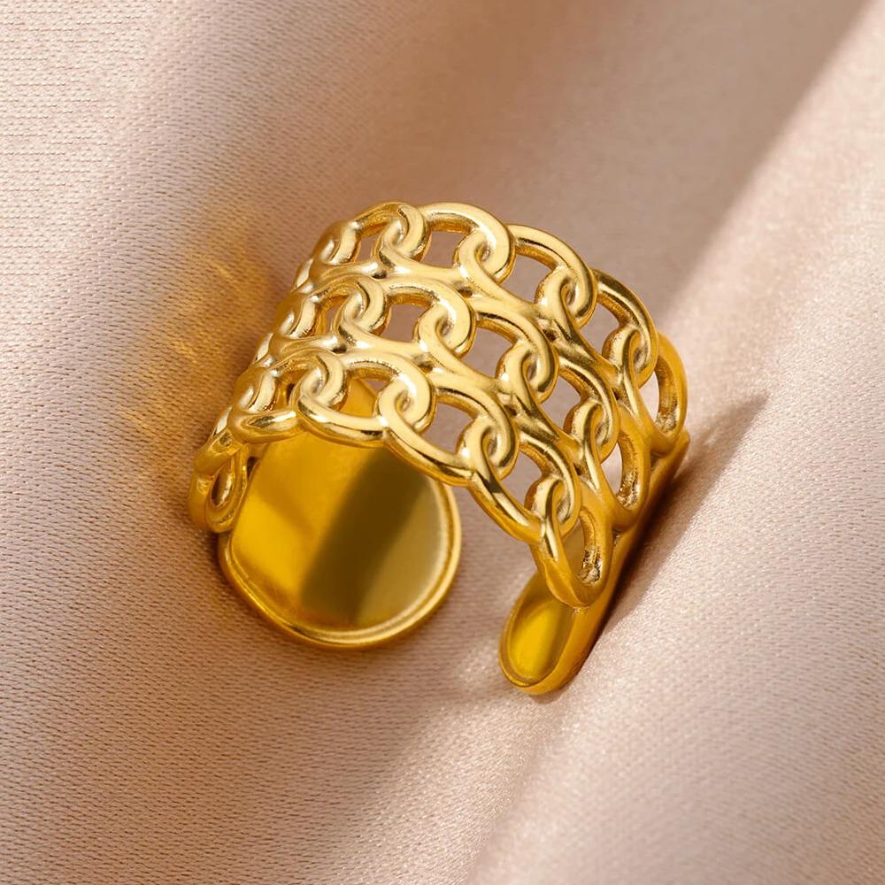 Stainless Steel Rings For Women Men Gold Color Hollow Wide Open Ring Female Male Fashion Wedding Party Finger Jewelry Gift