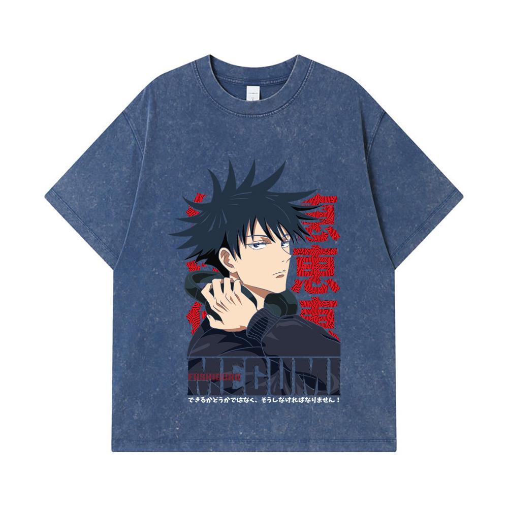 275 GSM Washed T-shirts 100% Cotton Jujutsu Kaisen V38 Megumi Print Unisex Heavy Cotton T Shirt