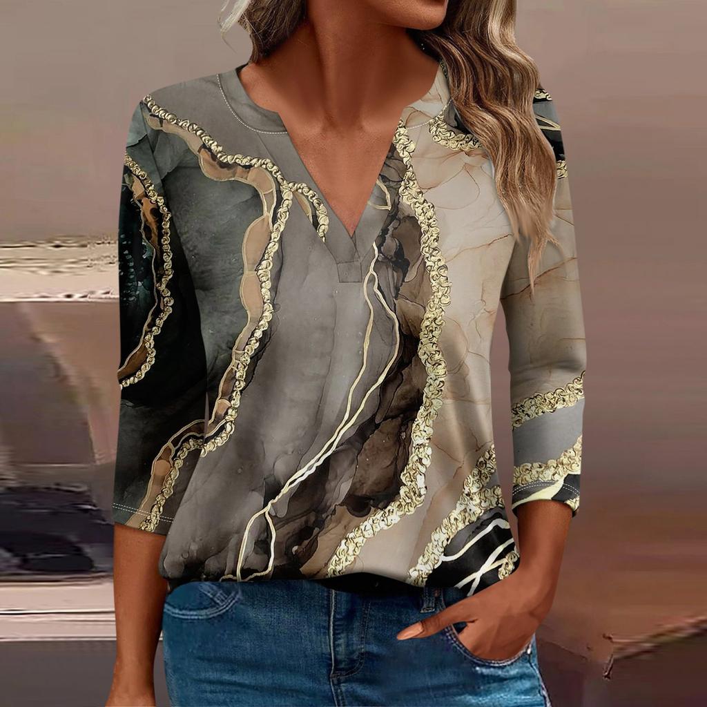 Women's T Shirt Tee Print Button 3/4 Sleeve Daily Weekend Fashion Basic V Neck Regular Top