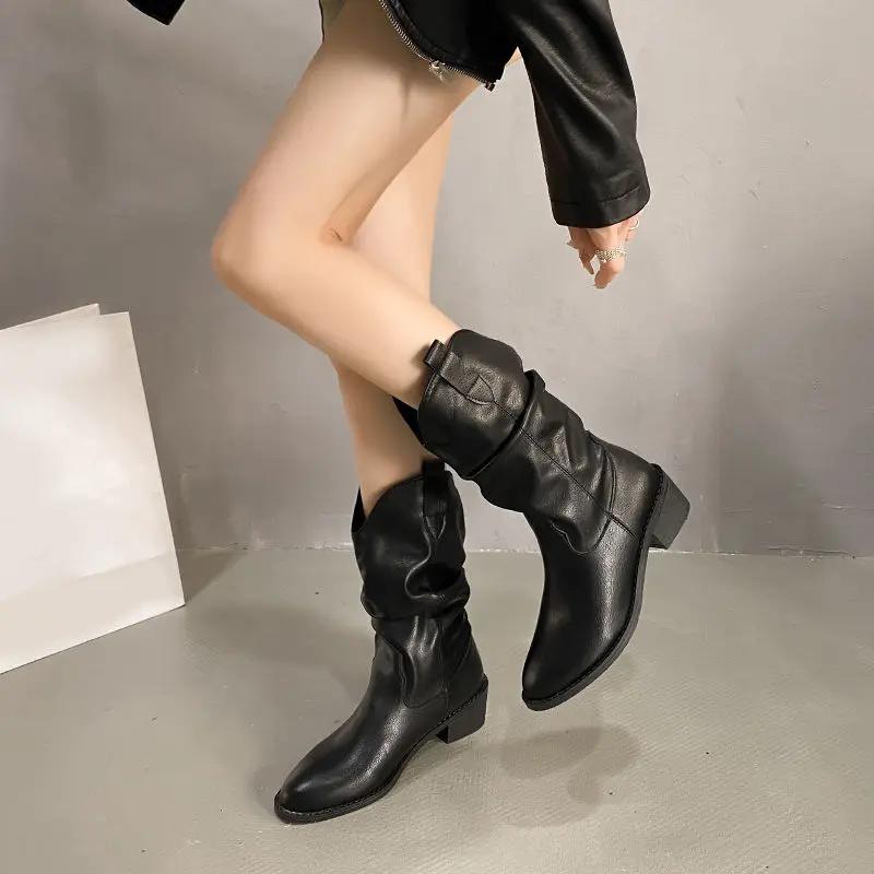 Fashion Leather Middle Heel Half High Boots for Women Gothic 2025 New Mid Calf Shoes Woman Goth on Offer Cosplay Rock in Footwear Sale