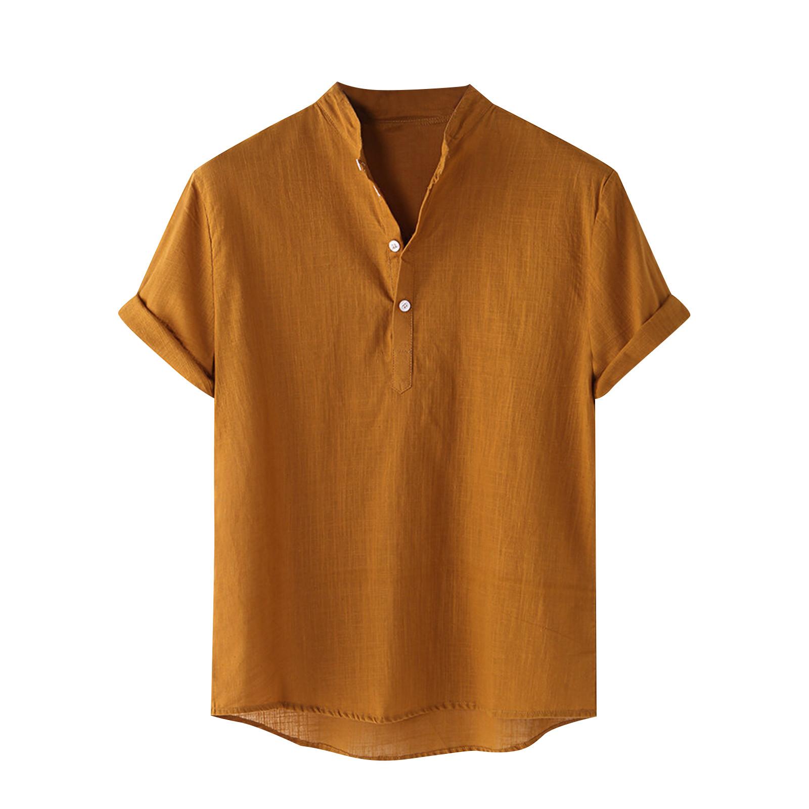 

Мужская хлопково-льняная рубашка стандартной посадки с коротким рукавом и v-образным вырезом на пуговицах, летняя рубашка, пляжные футболки XL жёлтый