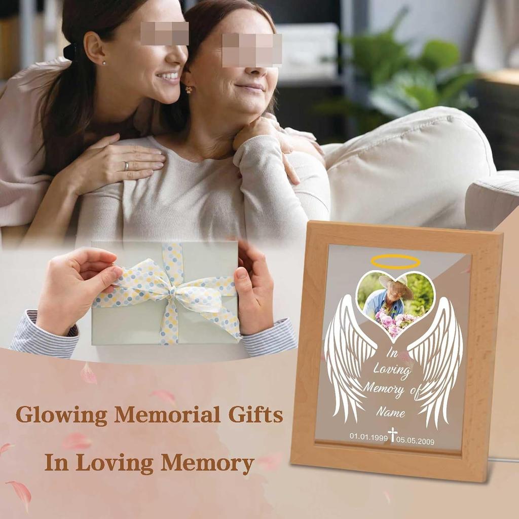 Custom Memorial Night Light with Picture Frames Personalized Acrylic Plaque Sympathy Bereavement Gift with Photo Name Date for Loss of Love(S-Heart