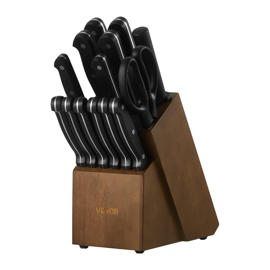 Kitchen Knife Set with Block and Sharpener, 15 Piece German High Carbon Stainless Steel Knife Set, Kitchen Cutlery with ABS Ergonomic Handle,