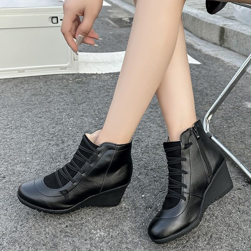 Fashion Wedge Heel Boots Autumn New Round Toe Front Lace-Up Side Zipper Soft Sole Anti-Slip Wear-Resistant Single Boots
