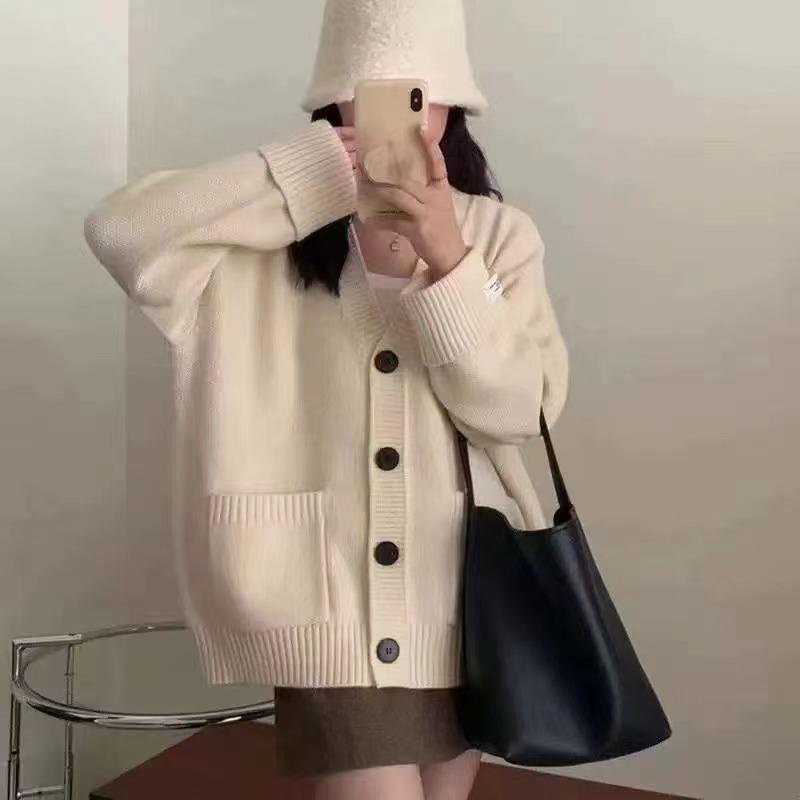 Ny retro strikket cardigan for høst og vinter i koreansk stil, løs og slankende med oppbrettede ermer, myk og myk genserjakke for kvinner