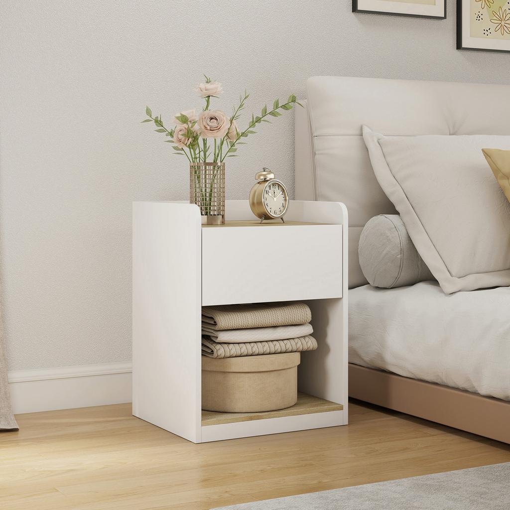 Modern Bedside Table, Slim Nightstand with Drawer, Shelf and Cable Holes, White and Oak