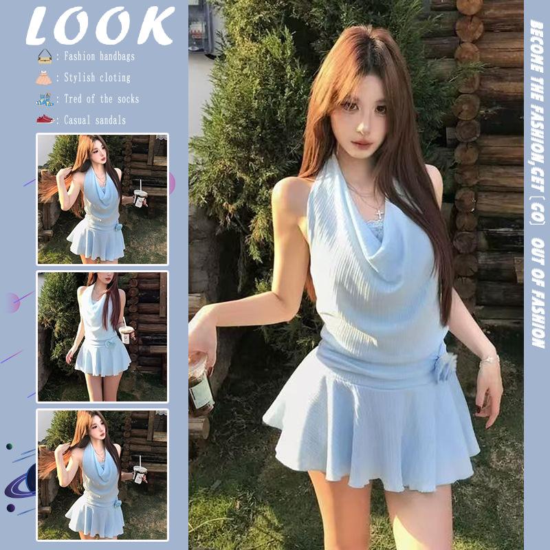 Sexy Spice Girl New Ultra Blue Swinging Neck Backless Year s Summer Dress Waist Skinny Short Skirt s [excellent quality]