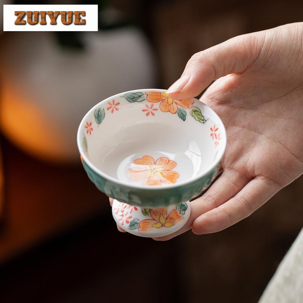80ml Hand-painted Flowers High Foot Teacup Creative Tea Bowl Tea Cup Set Tea-tasting Meditation Cup Chazhan Master Cups Tea Set