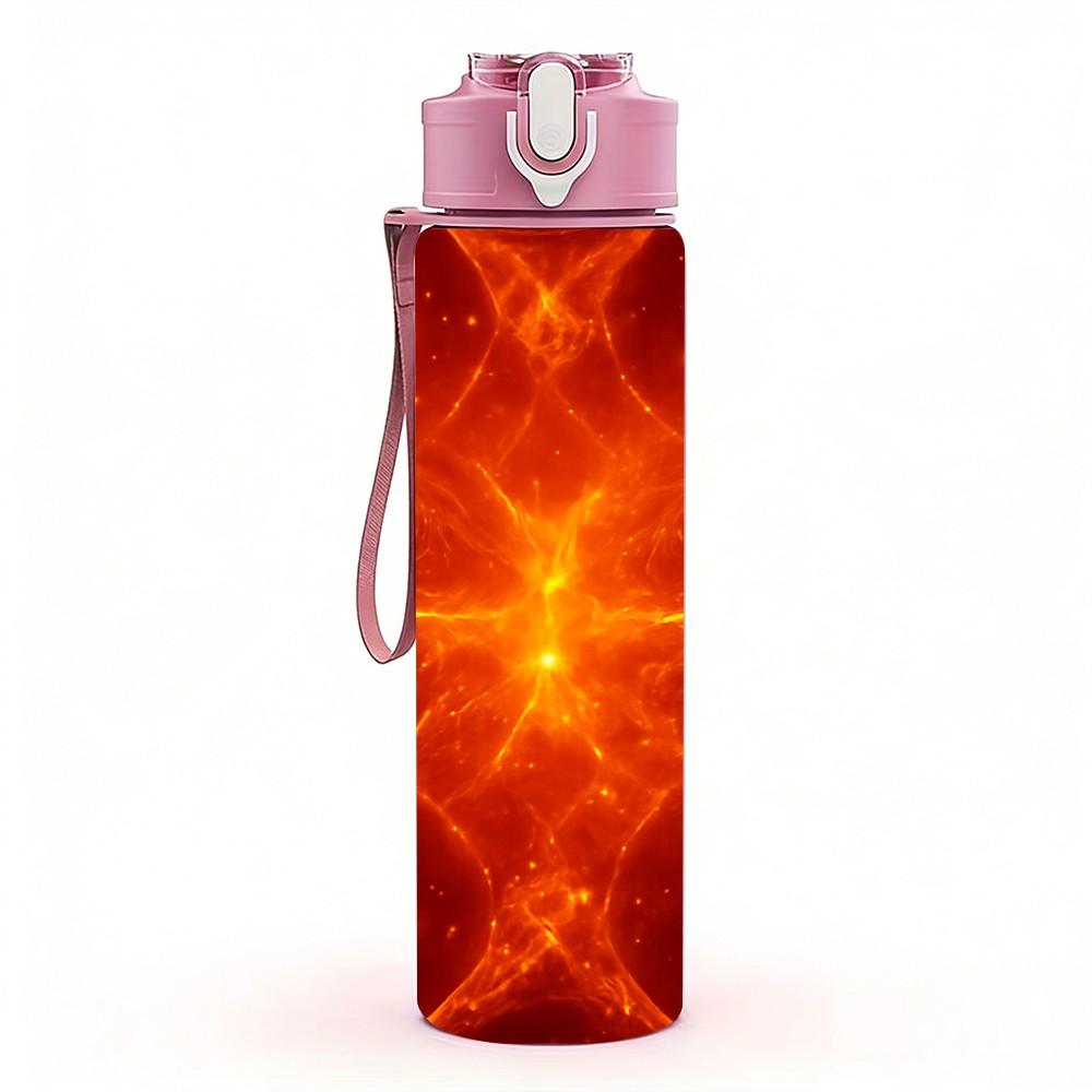 1 Stück Hellrot-Orange Burst Kosmische Energie Aufdruck 750ml Farbe Kunststoff Sportwasserflasche Auslaufsicher Klappdeckel mit Strohhalm Geeignet für Sport Büro Heimgebrauch