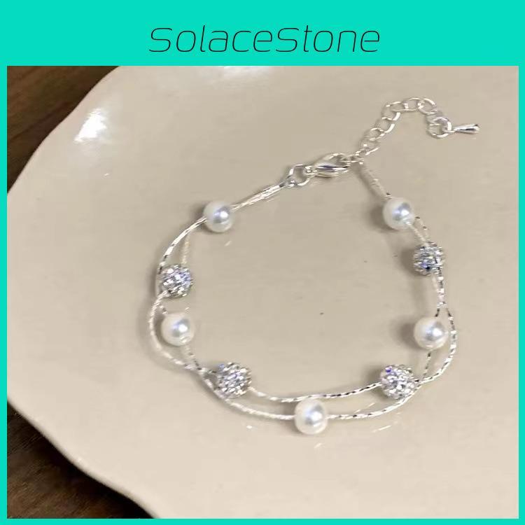 Silver Elegant Doublelayered Pearl Bracelet Chic Minimalist Titanium Steel Jewelry For Women