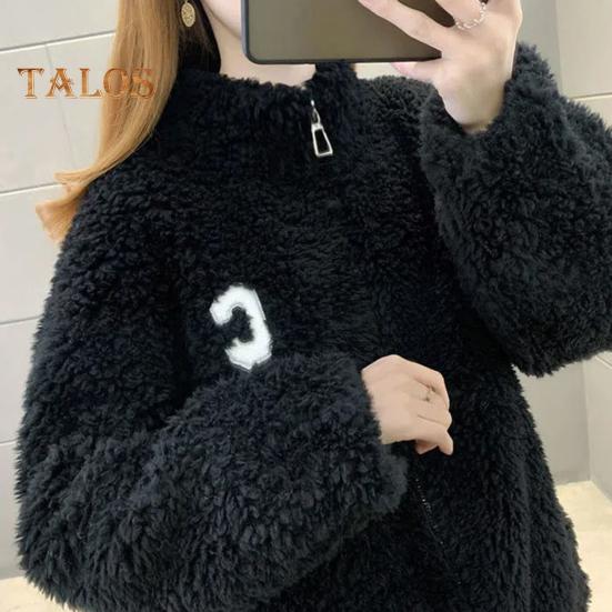 Winter Lady Coat Thickened Double-sided Faux Fleece Solid Color Stand Collar Neck Protection Letter Decor Long Sleeves Keep Warm Outdoor Travel