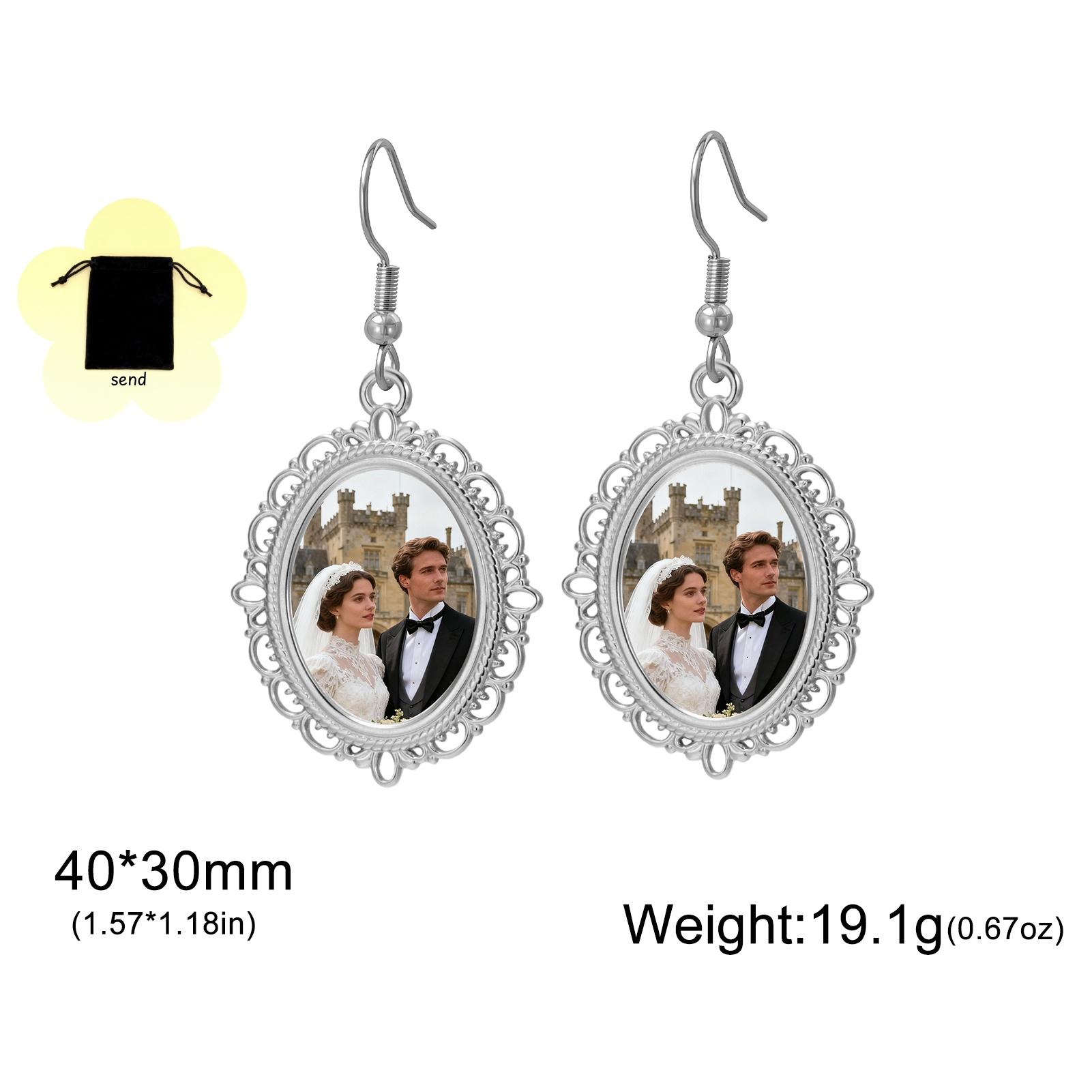Customized photo hollowed out pattern oval pendant earrings stainless steel personalized image earrings Valentine s Day gift