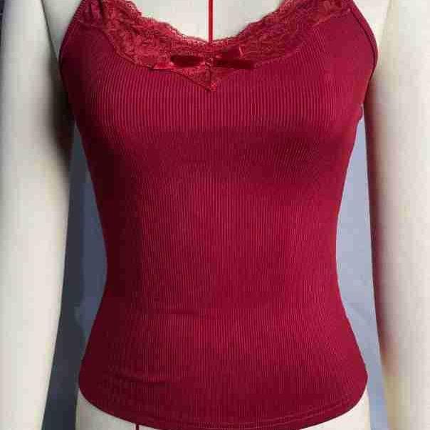 GMXIA Women's Fashion Casual Summer Solid Color Print Thin Shoulder Strap Lace Knit Sleeveless U-Neck Slim Waistcoat