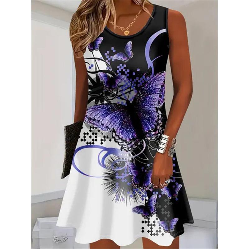 Sleeveless Butterfly Pattern Fashion Women Mini Dresses Summer 3D Printed Street Elegant Ladies Dress Casual Dress