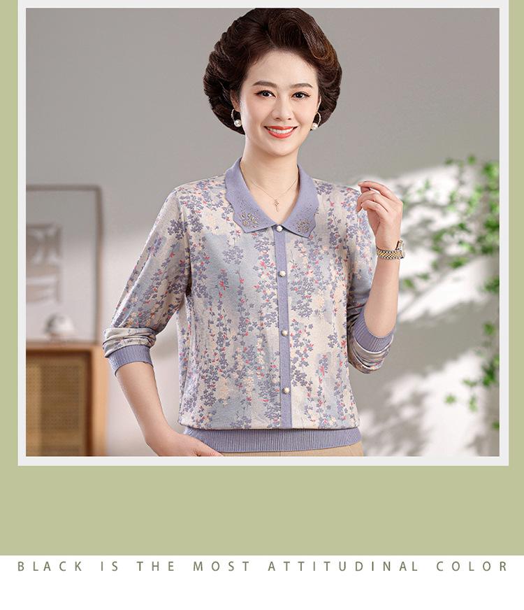 Elegant Spring Long-Sleeve Lapel T-Shirt for Stylish Middle-Aged Women